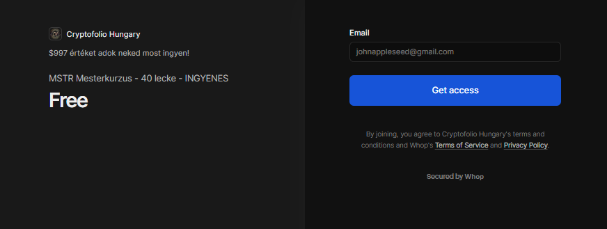 Whop account-létrehozás — email-megadás képernyő