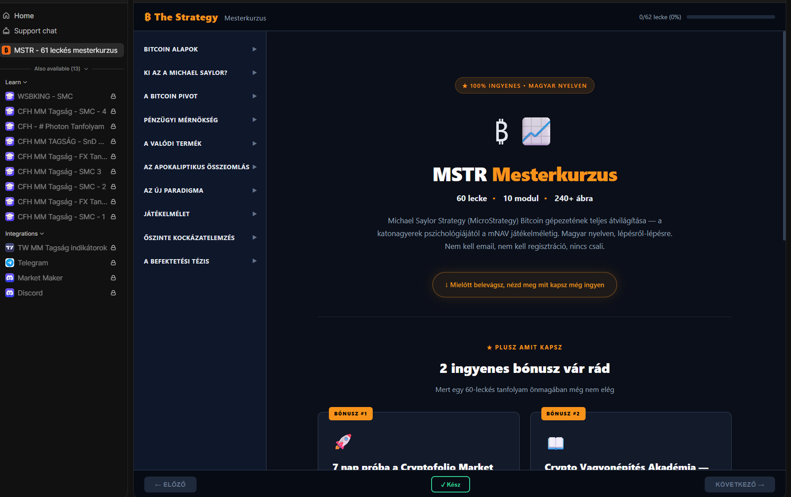 Whop dashboard — MSTR Mesterkurzus a bal oldali menüben