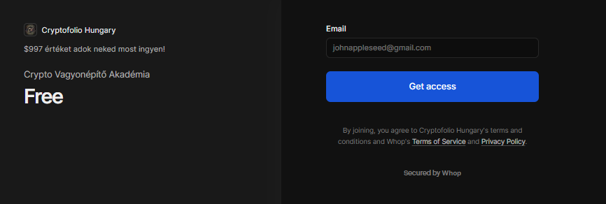 Whop email-megadási képernyő — Crypto Vagyonépítés Akadémia