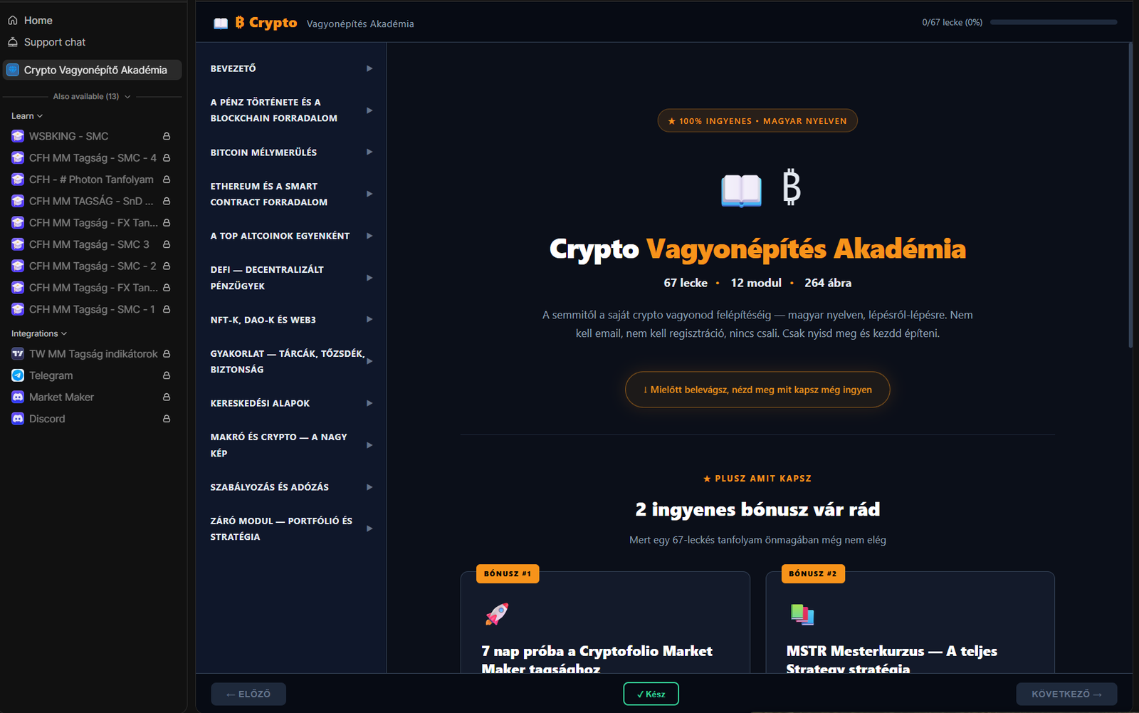 Whop dashboard — Crypto Vagyonépítés Akadémia kiválasztása